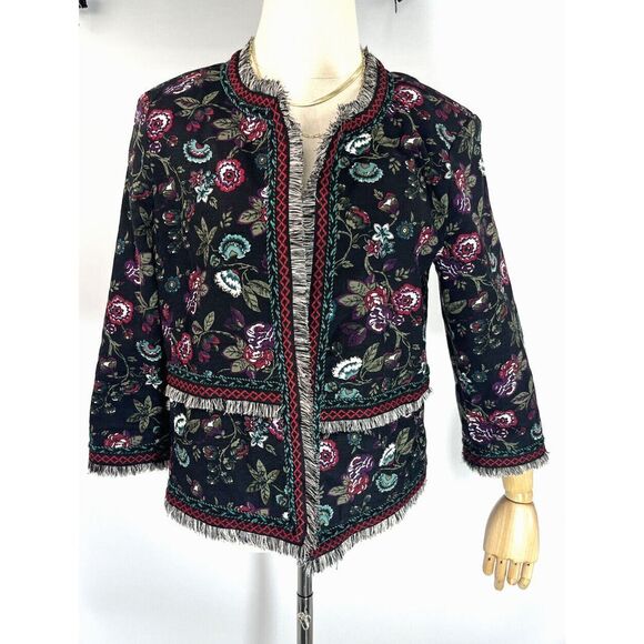 Ann Taylor Loft Floral Black Blazer Jacket Embroidered Fringe Size 8 - Picture 1 of 15